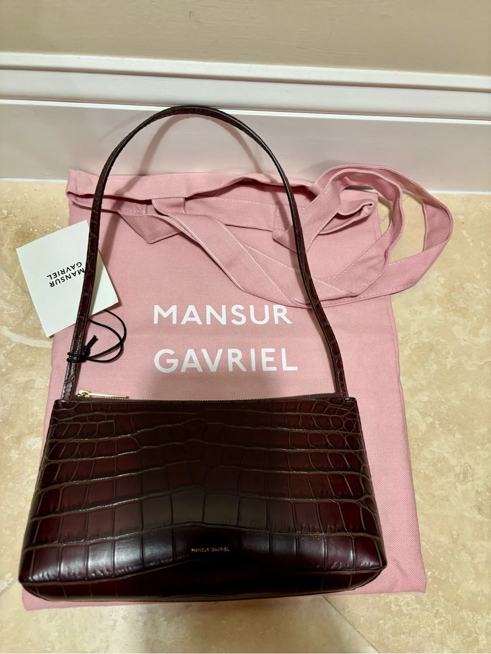 Mansur Gavriel Croc-Embossed Shoulder Bag in Dark Brown